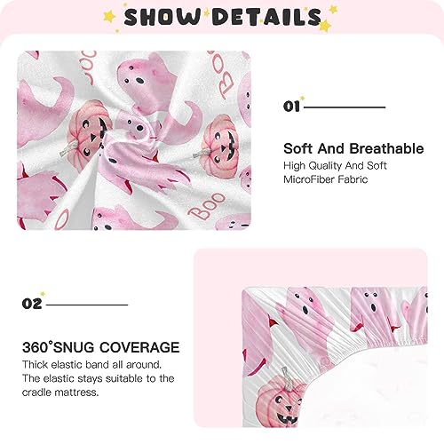 Image of Halloween Ghosts Pink Crib Sheets Soft Breathable Fitted Baby Playard Sheets Mattress Cover for Girl Boys, 39 inch x 27 inch x 5 inch