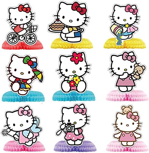 9 Pcs Cute Birthday Decorations Party Supplies, Table Honeycomb Centerpieces Cartoon Cat Theme Party Centerpieces 3D Double Side Table Party Decorations for Boys and Girls.