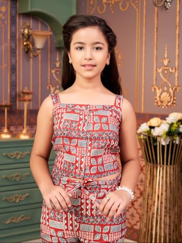 Image of Aarika Girls Casual Wear Rust Colour Floral Print Cotton Top & Pant With Belt