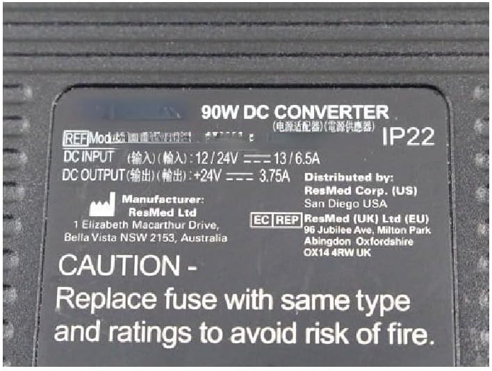 Genuine 370003 24V 3.75A Car DC/DC Adapter Power Supply IP22 Compatible with Resmed AIR Sense S10 AUTOSET AIR Curve S10 R370-4123/1, AD065G2Uz