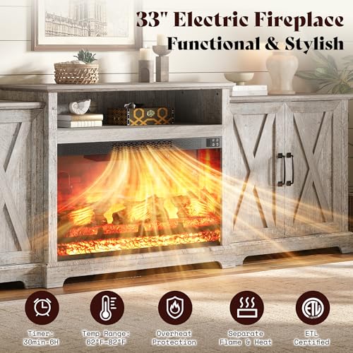Image of AMERLIFE 97 inch Large Fireplace TV Stand for TVs up to 110 inch, Farmhouse Entertainment Center with 33 inch Electric Fireplace, Media Console with Storage Cabinets & Adjustable Shelf, Light Grey