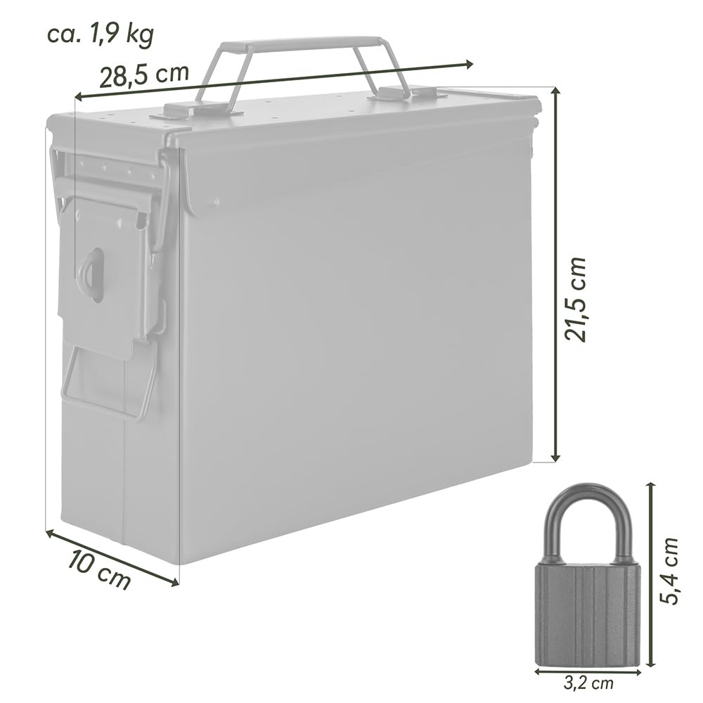 Trucky Caja de munición con candado 28 x 10 x 23 cm, caja de metal, caja de munición con tapa, color verde