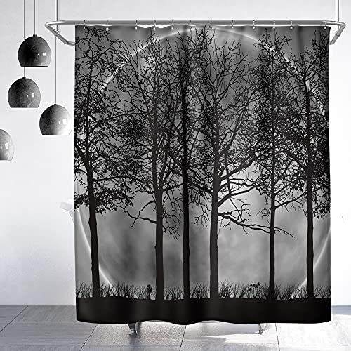 Riyidecor Fabric Men Forest Moon Shower Curtain Set for Bathroom 72Wx72H Inch Dark Black Nature Gothic Tree Scenery Foggy Woodland Bath Curtain Outdoor Bathtub Accessories Art Decor 12 PC Plastic Hook