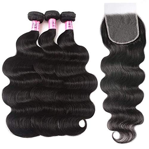 Image of UNICE Body Wave Human Hair Bundles with Closure 18 20 22+16 inch Brazilian Virgin Hair Weave 3 Bundles Human Hair with 5x5 hd Lace Closure Free Part Bleached Knots Natural Black