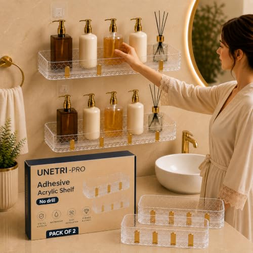 Image of Transparent Acrylic Set of 2 Shower Caddy with Golden Hooks| Bathroom Wall Shelf Organizer with 2 Tier Storage for Toiletries, Shampoo, Skincare, Cosmetics & Bathroom Accessories