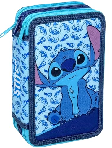 3-Fach Federmäppchen für Stitch Fan 44-teilig komplett gefüllt inklusive Stifte Bleistifte Filzstifte Buntstifte Scheren Grundschule und Geschenk Offizielles Gadget für Kinder