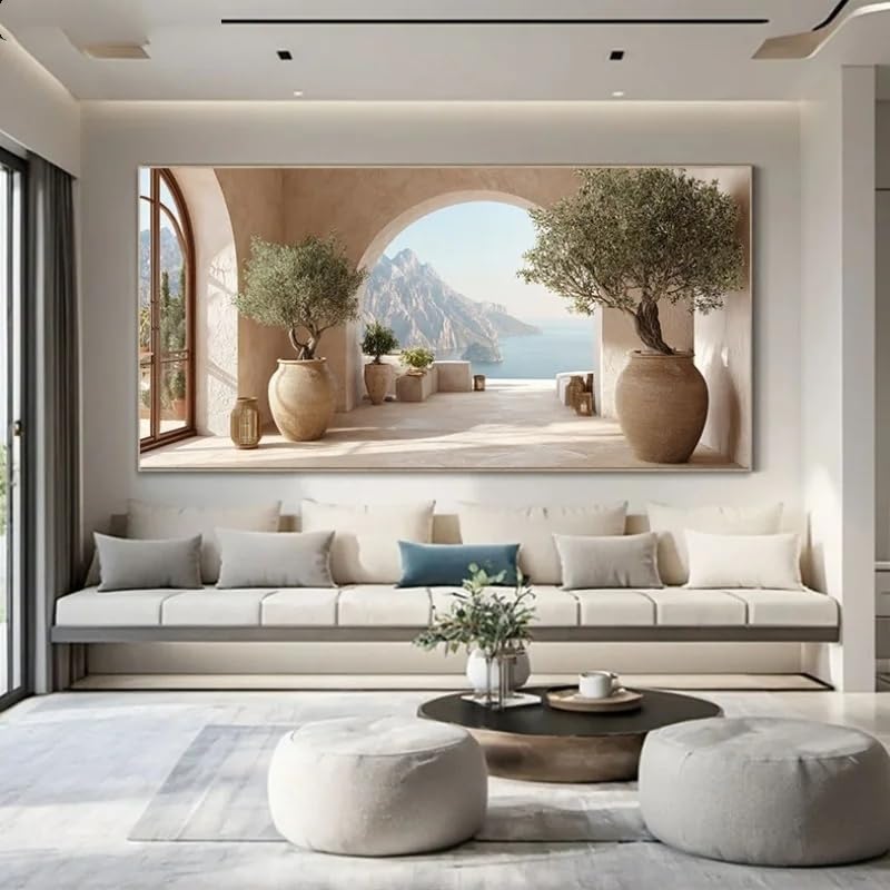 SDVIB Modernes Küstenmotiv mit Meer und Olivenbäumen auf Leinwand – rahmenloser mediterraner Leinwanddruck für die Wohnzimmerdekoration (90 x 180 cm/rahmenlos)