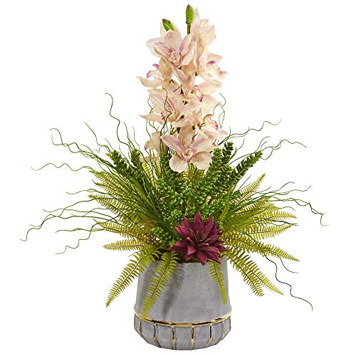 Nearly Natural Arreglos de Seda Artificial Cymbidium para orquídeas, suculentas y Hierba, Color Rosa