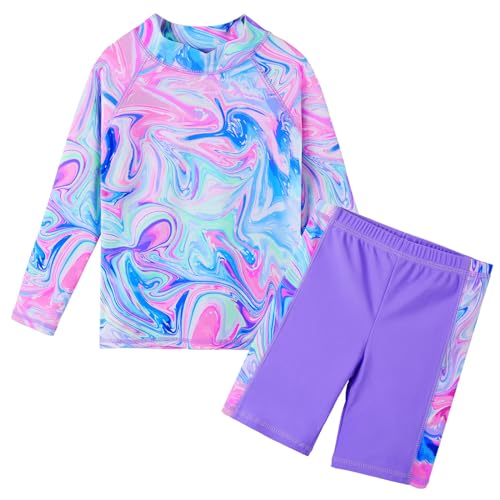Image of TFJH E Girls Long Sleeve Two Piece Rash Guard Set UPF 50+ 3-13 Y | Stretchy & quick-dry fabric, breathable & lightweight, UPF 50+ sun protection, ideal for pool beach vacation