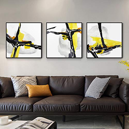 Décoration de salon moderne : lot 3 affiches art abstrait noir jaune pour habiller vos murs