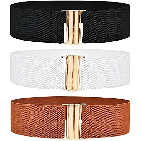 DUOXIN 3 Pieces Wide Stretchy Belts for Women, Vintage Elastic Waist Belts Fashion Cinch Waistband Belts Dress Belt Corset Belt with Interlock Buckle (Black/Brown/White) Cover