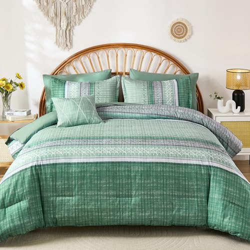 Image of Boho Queen Comforter Size Set, 8 Pieces Sage Green Striped Texture Bed in a Bag Bedding Sets, Lightweight Soft Comforter and Sheet Set, All Season Microfiber Teen Boys Bedding Sets for Men Women
