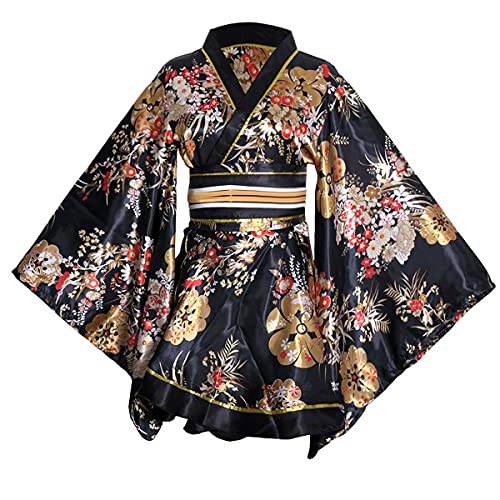 HUAHUA Womens Sexy Short Kimono Dress Floral Print Japanese Traditional Geisha Yukata Robe Bathrobe Skirt Belt Outfit (D05-Black, One Size)