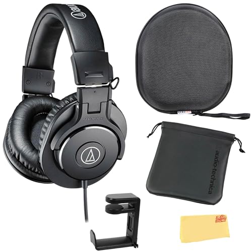 Audio-Technica ATH-M30x Professional Monitor Headphones - Black Bundle with Case, Stand, Pouch, and Austin Bazaar Polishing Cloth