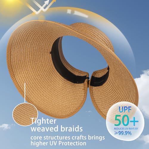 Women's Sun Visor Hats Wide Brim Straw Beach Hat Ponytail Hats for Women Foldable Floppy - Image 3