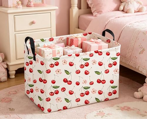 Image of Sanjiaofeng Rectangular Kids Baskets,Pink Cherry Storage Bin,Kids Storage Bins,Collapsible Storage Bin Cute Organizer Box Books Box,Gift Basket,Girl Room Decor(Cherry)