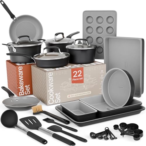 Pots and Pans Set, 22-Piece Non Stick Cookware & Bakeware Sets with Plaid Pattern, Stackable Design, Dishwasher Safe, Stain-resistant, Oven & All-Stove Safe, Tempered Glass Lid, Black