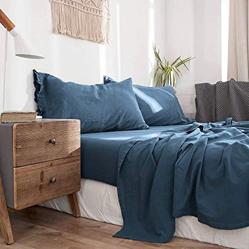 Simple&Opulence Belgian Linen Sheet Set with Ruffles - Queen Size - 4 Pieces (1 Flat Sheet & 1 Fitted Sheet & 2 Pillowcases) Natural Flax Cotton Blend Soft Bedding Breathable Farmhouse - Navy Blue - Thumbnail 6