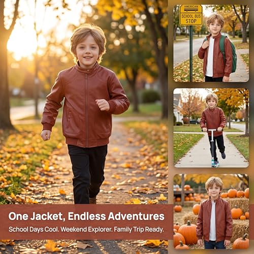 Image of Boys Trendy Stand Collar PU Leather Moto Jacket - Winter Warm Lined Coat with Zipper Closure for Kids (Age 3-12)