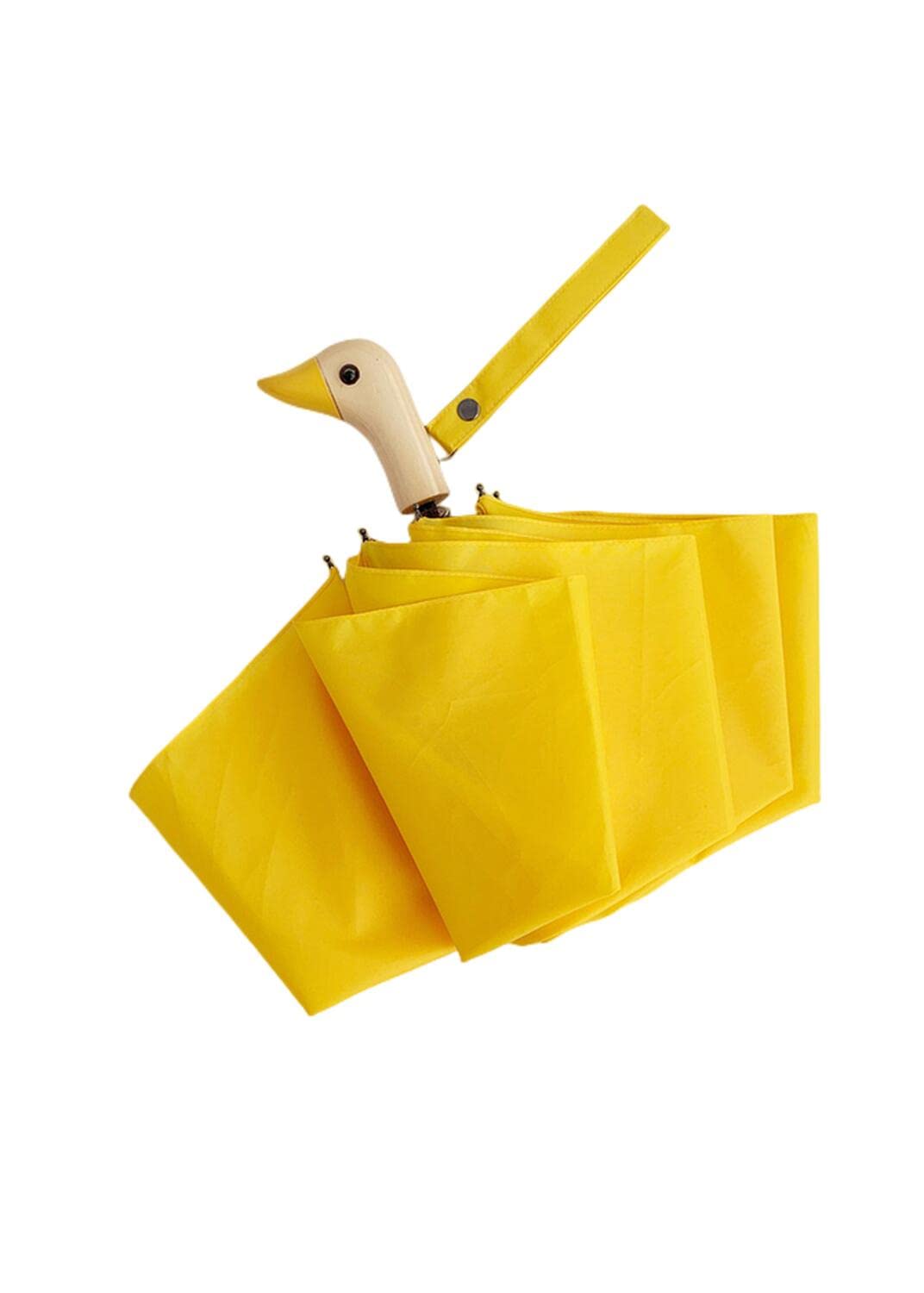 Serumy Yellow-C Folding Umbrella Semi-Automatic Sun Umbrella Cute Duck Head Wood Handle 8K Folding Windproof Black Coating Uv Protection Rain Umbrella