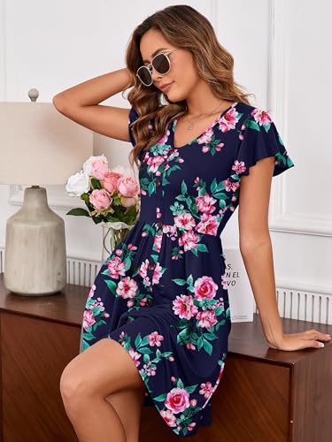 Image of Heymoments Women's Ruffle Sleeve V Neck Swing Sundress Summer Casual A-Line Midi Dress with Pockets S-2XL