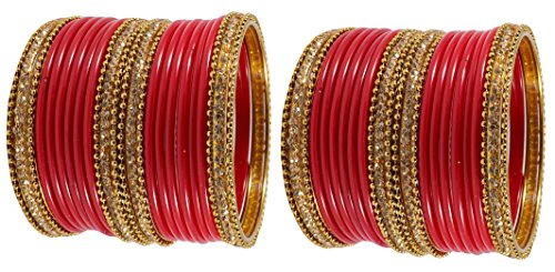 NMII Glass With Zircon Gemstone Studded Worked and Ball Chain Or Plane Gloosy Finished Bangles Set For Women and Girls,(Red_2.2 Inches), Pack Of 48 Bangles Set