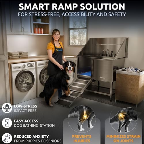 Image of KANIS Dog Washing Station, Stainless Steel Dog Bathtub 40 inch Left Ramp Shelf | 304 Stainless Steel, Grooming Tub, Anti-Slip Floor Grate, Drain Kit, 71 inch Pull-Out Sprayer, Shampoo Dispenser, All Dog Sizes