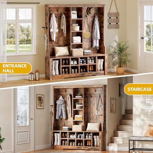 DWVO 59" Wide Hall Tree with Bench and Storage for Hallway Entryway, 10 Shoe Cubbies & 10 Coat Hooks, 4-Tier of Center Storage Open Cabinets, Coat Rack with Space for Bedchamber Living Room (Brown)