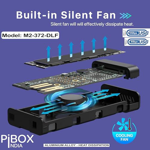 Image of NVME M.2 Fan Enclosure, PiBOX India Dual protocol NVMe /NGFF SATA SSD Enclosure Smart Fan- USB 3.2 10Gbps, Tool-Free M.2 NVMe Case, PCI-E NVMe to USB-C, Supports M, B&M Keys 2230 /2242 /2280 SSD RTL9210B