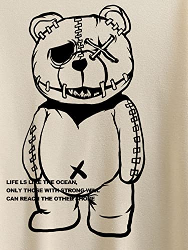 Wdirara Men's Cartoon Bear Print Round Neck Pullovers Casual Long Sleeve Sweatshirts Khaki Bear M #TOP3