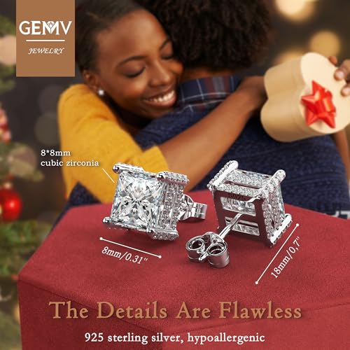 18K White Gold Plated Sterling Silver Pave Square Cubic Zirconia Stud Earrings 4 Prong Princess Cut CZ Simulated Diamond Stud Earrings for Men Women Hypoallergenic3