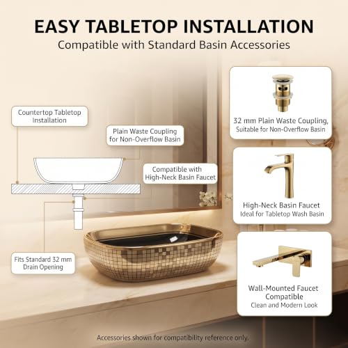 Image of InArt Luxury Tabletop Wash Basin, 455 x 325 x 135 mm, Glossy Black Ceramic Bowl with Multi-Tone Mosaic Gold Exterior, Countertop Bathroom Basin, Non-Overflow, Polished Gold Rim