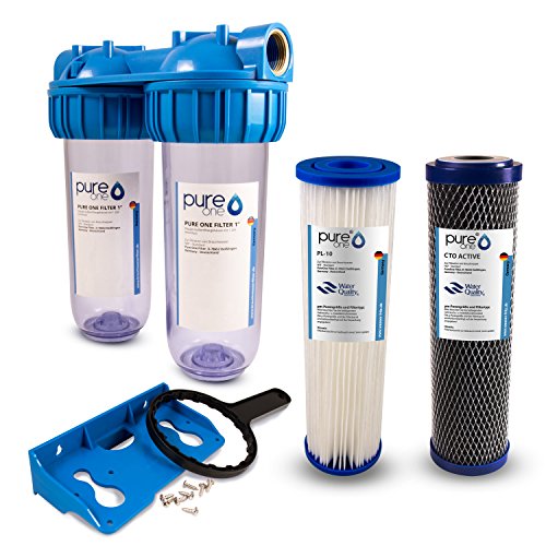PureOne SA2 SediActive-Set. 2-Stufige Filteranlage 10 Zoll. Sediment, Chlor, Schadstoffe und Geschmack. Filtergehäuse mit Membran- und Kokos-Aktivkohle Filterkartusche. Hauswasser, Zisterne 3/4 Zoll
