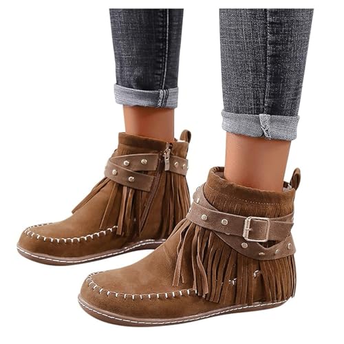 Snow Boots for Women Casual Fringe Faux Suede Ankle Non Slip Booties Vintage Short Booties Side Zip Flat Winter Boot2