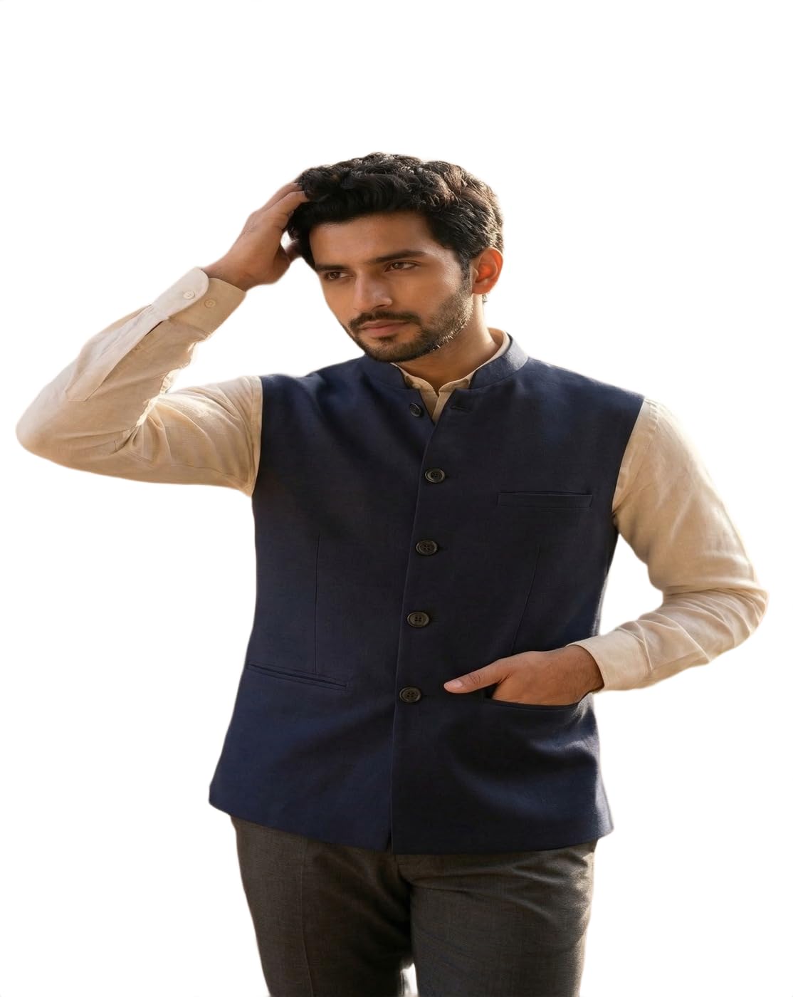 cadmon Classic Navy Blue Slim Fit Nehru Jacket for Men | Elegant Sleeveless Waistcoat Vest for Kurta Pajama | Versatile Ethnic Wear for Groomsmen and Parties-picture-59