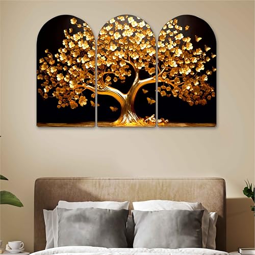Image of Livin'luxe Golden Tree Arch Shape 3 Panel Wall Painting Set | Sparkle Laminated HD Print on MDF | Luxury Golden Tree Artwork for Living Room Bedroom Home Wall Decoration (24 x 36 Inch) RPNM-35360