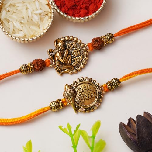 Image of eCraftIndia Set of 2 Jai Shri Ram with Mace and Lord Hanuman Religious Rakhis, Best Bro Ever Fridge Magnet with Roli Chawal Pack - Rakhis for Brother, Bhabhi, Kids