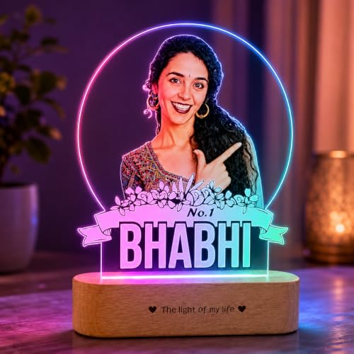 Image of ZOCI VOCI Personalized Rakhi Gift for Bhabhi, Custom UV Printed LED Photo Lamp, RGB Smooth Color Changing Acrylic Night Lamp, Customized Photo Gift for Sister-in-Law, Rakshabandhan Gift