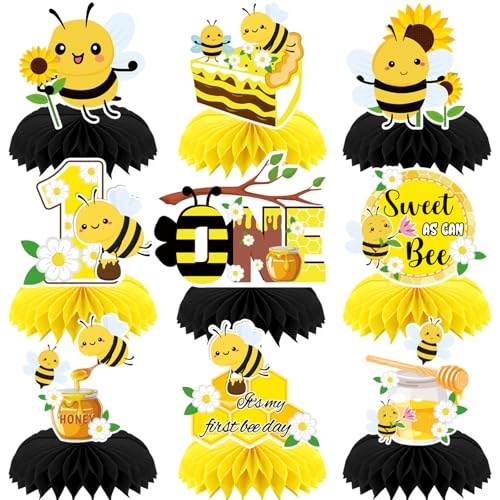 Image of 9pcs Happy 1st Bee Day Honeycomb Centerpieces Bumble Bee First Birthday Party Table Decorations It's My 1st Bee Day Table Centerpieces for Boy Baby Shower Sweet as can Bee Table Topper Sign Decors