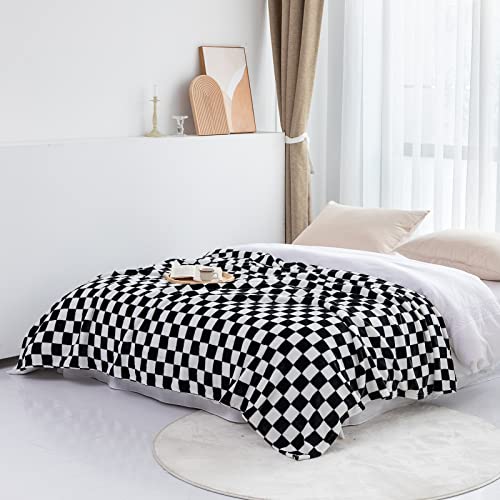 LOMAO Throw Blankets Flannel Blanket with Checkerboard Grid Pattern Soft Throw Blanket for Couch, Bed, Sofa Luxurious Warm and Cozy for All Seasons (Black, 90"x90")