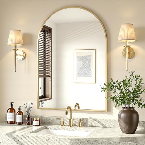 Image of Antok Arched Bathroom Mirror, 20 inchx30 inch Wall Mounted Mirror, Vanity Mirrors for Over Sink, Aluminum Alloy Frame Bathroom Mirrors Living Room, Bedroom and Entryway, Gold