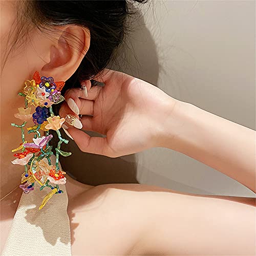 Long Dangle Acrylic Flowers Earrings for Women Girls 925 Sterling Silver Post Colorful Resin Tassel Flower Petal Leaf Cluster Exaggerated Statement Drop Stud Retro Party Prom Y2K Gargen Jewelry Gifts2