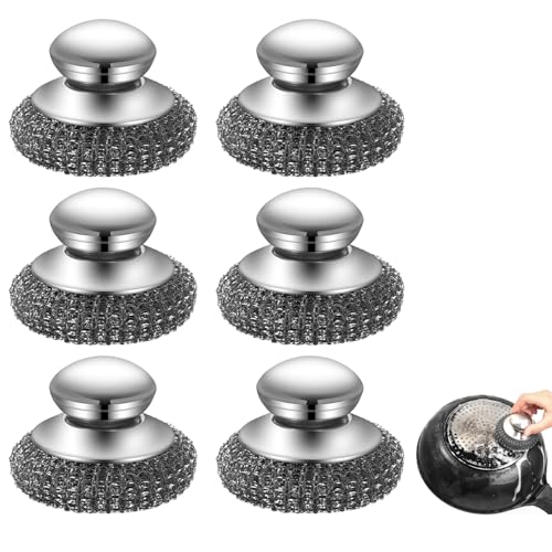 6er-Pack Edelstahlspiralen Stahlwolle-Scheuerschwamm Stahlschwamm mit Edelstahlgriff ideal für hartnäckigen Schmutz in Töpfen und Pfannen aus rostfreiem Recycling-Edelstahl
