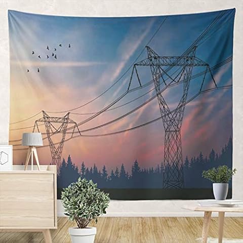 LEKAIHUAI Tapestry Wall Hanging Steel Electricity Pylons of a Power Line Scenic Morning Sky and Silhouette of Forest Wall Tapestries Decoration for Bedroom Living Room Dorm 82.7X59.1 Inches Cover