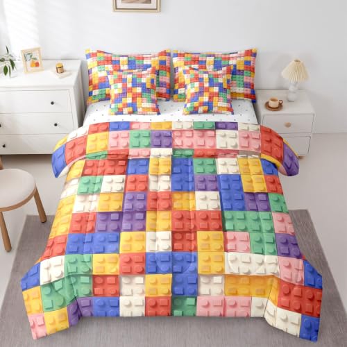 Image of Feelyou Building Block Print 7 Piece Bedding Set Full Size Kids Brick Styles Comforter Set with Sheets for Boys Teens Colorful Gaming Bed in a Bag Green Red Yellow Blue Room Decor