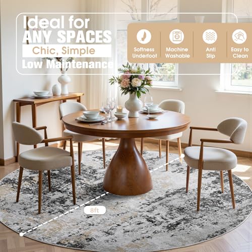 Round Rug 8ft Circle Rug Washable: Carpet Circular Area Rug for Entryway Kitchen Bedroom Dining Room Living Room Large 8 Feet Abstract College Dorm Non Slip Low Pile Black Grey Gold
