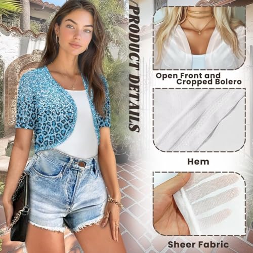 Image of Womens Short Sleeve Bolero Shrug Open Front Knit Cropped Cardigan Shoulder Cover for Dress Cute Casual Knit Cover Up