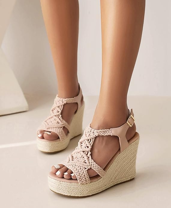 Image of Women's Woven Espadrille Wedge Sandals Bohemian Braided Open Toe Summer Shoes with Adjustable Strap 3.9 inch Platform Heel for Wide Feet, Comfortable Walking