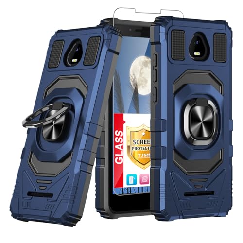 TJS Compatible for Schok Volt SV55 SV55216 Case with Tempered Glass Screen Protector Metal Ring Magnetic Support Kickstand Heavy Duty Drop Protection Cover Phone Case (Blue)