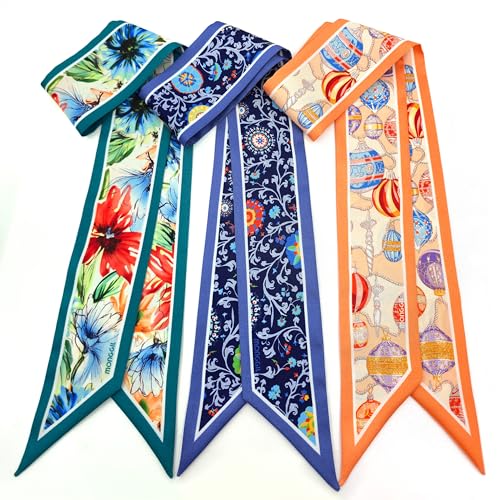 3 Pack Twill Skinny Scarf for Women, Boho Head Wrap, Hair, Neck, Purse Handle Accessory, Lightweight, Gift-Ready